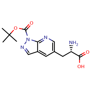 Chemical structure of (2S)-2-amino-3-(1-tert-butoxycarbonylpyrazolo[3,4-b]pyridin-5-yl)propanoic acid , CAS 2387566-94-9, AChemBlock T90016