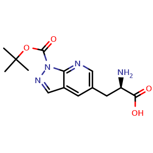 Chemical structure of (2R)-2-amino-3-(1-tert-butoxycarbonylpyrazolo[3,4-b]pyridin-5-yl)propanoic acid , CAS 2387560-85-0, AChemBlock T90017