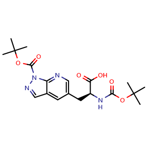 Chemical structure of (2S)-2-(tert-butoxycarbonylamino)-3-(1-tert-butoxycarbonylpyrazolo[3,4-b]pyridin-5-yl)propanoic acid , CAS 2387562-68-5, AChemBlock T90018