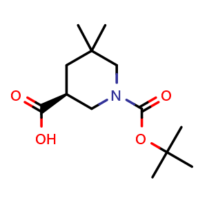 Chemical structure of (3S)-1-tert-butoxycarbonyl-5,5-dimethyl-piperidine-3-carboxylic acid , CAS 2387561-96-6, AChemBlock T90025