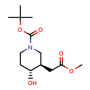 Chemical structure of tert-butyl (3R,4R)-4-hydroxy-3-(2-methoxy-2-oxo-ethyl)piperidine-1-carboxylate , CAS 2387562-14-1, AChemBlock T90027
