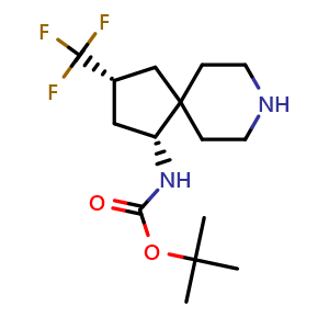 Chemical structure of tert-butyl N-[(2R,4R)-2-(trifluoromethyl)-8-azaspiro[4.5]decan-4-yl]carbamate , CAS 2055938-19-5, AChemBlock T90041