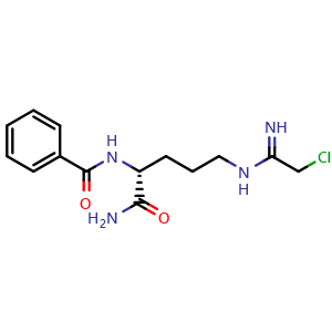Chemical structure of N-[(1R)-1-(Aminocarbonyl)-4-[(2-chloro-1-iminoethyl)amino]butyl]benzamide , CAS 1404060-15-6, AChemBlock T90056