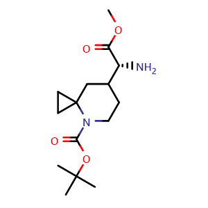 Chemical structure of tert-butyl 7-[(1R)-1-amino-2-methoxy-2-oxo-ethyl]-4-azaspiro[2.5]octane-4-carboxylate , CAS 2387585-41-1, AChemBlock T90058