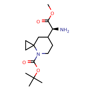 Chemical structure of tert-butyl 7-[(1S)-1-amino-2-methoxy-2-oxo-ethyl]-4-azaspiro[2.5]octane-4-carboxylate , CAS 2387585-36-4, AChemBlock T90059