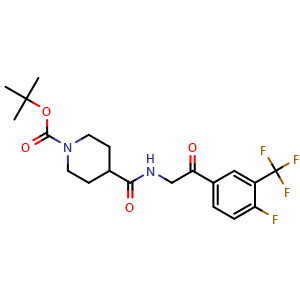 Chemical structure of 1-Boc-4-(2-(4-Fluoro-3-(trifluoromethyl)phenyl)-2-oxoethylcarbamoyl)piperidine , CAS 1082949-99-2, AChemBlock T90073