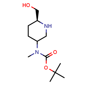 Chemical structure of tert-butyl N-[(6S)-6-(hydroxymethyl)-3-piperidyl]-N-methyl-carbamate , CAS 2411625-21-1, AChemBlock T90094