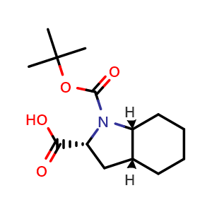 Chemical structure of (2R,3aR,7aR)-1-tert-butoxycarbonyl-2,3,3a,4,5,6,7,7a-octahydroindole-2-carboxylic acid , CAS 960529-91-3, AChemBlock T90101