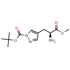 Chemical structure of tert-butyl 4-[(2S)-2-amino-3-methoxy-3-oxo-propyl]pyrazole-1-carboxylate , CAS 2387564-57-8, AChemBlock T90106