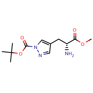 Chemical structure of tert-butyl 4-[(2R)-2-amino-3-methoxy-3-oxo-propyl]pyrazole-1-carboxylate , CAS 2387561-50-2, AChemBlock T90107