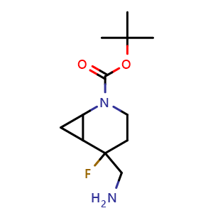 Chemical structure of tert-butyl 5-(aminomethyl)-5-fluoro-2-azabicyclo[4.1.0]heptane-2-carboxylate , CAS 2387601-72-9, AChemBlock T90114