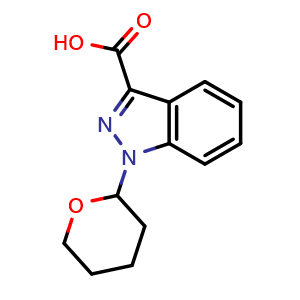 Chemical structure of 1-(tetrahydro-2H-pyran-2-yl)-1H-indazole-3-carboxylic acid , CAS 1337879-40-9, AChemBlock T90140