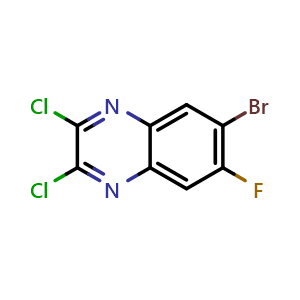 Chemical structure of 7-Bromo-2,3-dichloro-6-fluoroquinoxaline , CAS 1217305-04-8, AChemBlock T90146