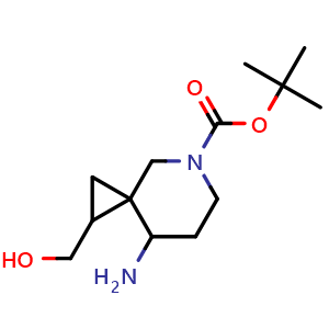 Chemical structure of tert-butyl 8-amino-2-(hydroxymethyl)-5-azaspiro[2.5]octane-5-carboxylate , CAS 2387599-32-6, AChemBlock T90178