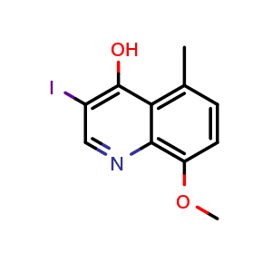 Chemical structure of 3-iodo-8-methoxy-5-methylquinolin-4-ol , CAS 1600102-88-2, AChemBlock T90216