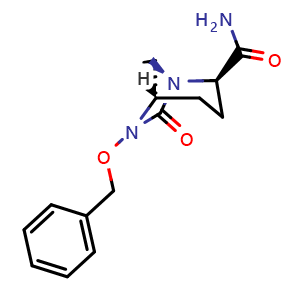 Chemical structure of (1S,2R,5S)-6-benzyloxy-7-oxo-1,6-diazabicyclo[3.2.1]octane-2-carboxamide , CAS 1383814-72-9, AChemBlock T90254