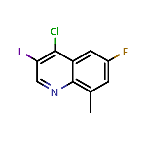 Chemical structure of 4-Chloro-6-fluoro-3-iodo-8-methylquinoline , CAS 1602969-55-0, AChemBlock T90256