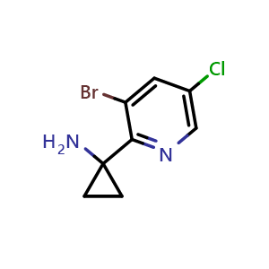 Chemical structure of 1-(3-bromo-5-chloropyridin-2-yl)cyclopropan-1-amine , CAS 1266149-71-6, AChemBlock T90265