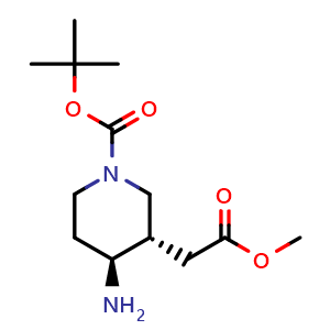 Chemical structure of tert-butyl (3S,4S)-4-amino-3-(2-methoxy-2-oxo-ethyl)piperidine-1-carboxylate , CAS 1903832-76-7, AChemBlock T90274