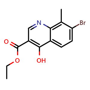 Chemical structure of ethyl 7-bromo-4-hydroxy-8-methylquinoline-3-carboxylate , CAS 1189107-52-5, AChemBlock T90389