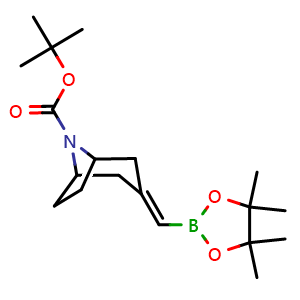 Chemical structure of tert-butyl 3-[(4,4,5,5-tetramethyl-1,3,2-dioxaborolan-2-yl)methylene]-8-azabicyclo[3.2.1]octane-8-carboxylate , CAS 2365173-53-9, AChemBlock T90394