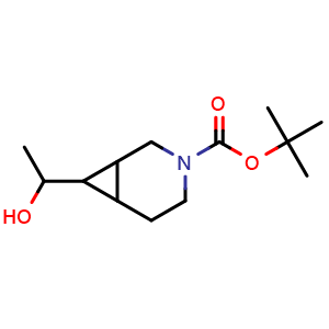 Chemical structure of tert-butyl 7-(1-hydroxyethyl)-3-azabicyclo[4.1.0]heptane-3-carboxylate , CAS 2154256-66-1, AChemBlock T90479