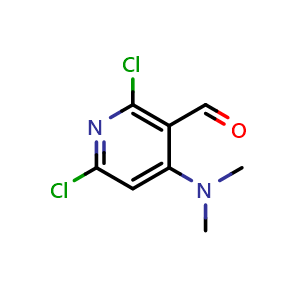 Chemical structure of 2,6-Dichloro-4-(dimethylamino)nicotinaldehyde , CAS 1823371-33-0, AChemBlock T90484