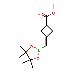 Chemical structure of methyl 3-[(4,4,5,5-tetramethyl-1,3,2-dioxaborolan-2-yl)methylene]cyclobutanecarboxylate , CAS 2365173-42-6, AChemBlock T90521