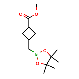 Chemical structure of methyl 3-[(4,4,5,5-tetramethyl-1,3,2-dioxaborolan-2-yl)methyl]cyclobutanecarboxylate , CAS 2365173-88-0, AChemBlock T90522