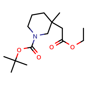 Chemical structure of tert-butyl 3-(2-ethoxy-2-oxo-ethyl)-3-methyl-piperidine-1-carboxylate , CAS 2122478-35-5, AChemBlock T90527