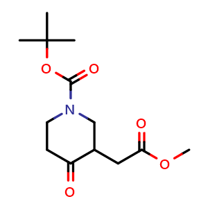 Chemical structure of tert-butyl 3-(2-methoxy-2-oxo-ethyl)-4-oxo-piperidine-1-carboxylate , CAS 694450-89-0, AChemBlock T90622
