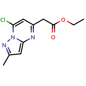 Chemical structure of ethyl 2-(7-chloro-2-methyl-pyrazolo[1,5-a]pyrimidin-5-yl)acetate , CAS 2365242-87-9, AChemBlock T90623