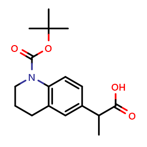 Chemical structure of 2-(1-tert-butoxycarbonyl-3,4-dihydro-2H-quinolin-6-yl)propanoic acid , CAS 1897475-13-6, AChemBlock T90628