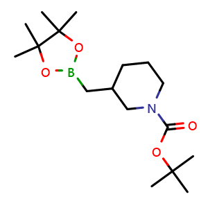 Chemical structure of tert-butyl 3-[(4,4,5,5-tetramethyl-1,3,2-dioxaborolan-2-yl)methyl]piperidine-1-carboxylate , CAS 2365173-87-9, AChemBlock T90643