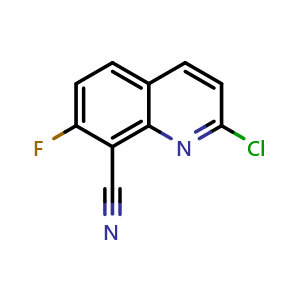 Chemical structure of 2-chloro-7-fluoroquinoline-8-carbonitrile , CAS 2411636-00-3, AChemBlock T90663