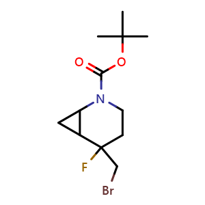 Chemical structure of tert-butyl 5-(bromomethyl)-5-fluoro-2-azabicyclo[4.1.0]heptane-2-carboxylate , CAS 2387601-06-9, AChemBlock T90692