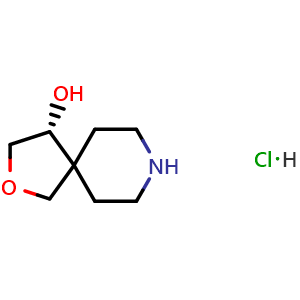 Chemical structure of (4R)-2-oxa-8-azaspiro[4.5]decan-4-ol hydrochloride , CAS 2387565-05-9, AChemBlock T90693