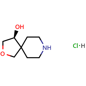 Chemical structure of (4S)-2-oxa-8-azaspiro[4.5]decan-4-ol hydrochloride , CAS 2387566-56-3, AChemBlock T90694