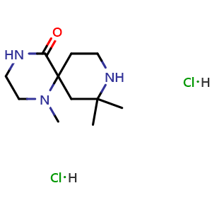 Chemical structure of 1,10,10-trimethyl-1,4,9-triazaspiro[5.5]undecan-5-one dihydrochloride , CAS 2387595-24-4, AChemBlock T90720