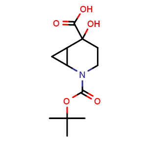 Chemical structure of 2-tert-butoxycarbonyl-5-hydroxy-2-azabicyclo[4.1.0]heptane-5-carboxylic acid , CAS 2387600-18-0, AChemBlock T90721