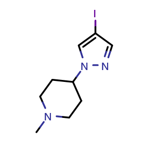 Chemical structure of 4-(4-iodopyrazol-1-yl)-1-methyl-piperidine , CAS 2107486-36-0, AChemBlock T90745
