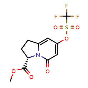Chemical structure of methyl (3S)-5-oxo-7-(trifluoromethylsulfonyloxy)-2,3-dihydro-1H-indolizine-3-carboxylate , CAS 2387568-24-1, AChemBlock T90746