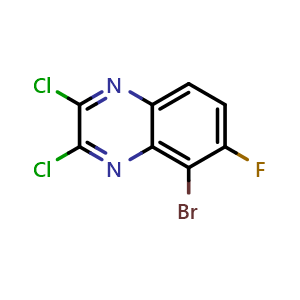 Chemical structure of 5-Bromo-2,3-dichloro-6-fluoroquinoxaline , CAS 2411641-50-2, AChemBlock T90810