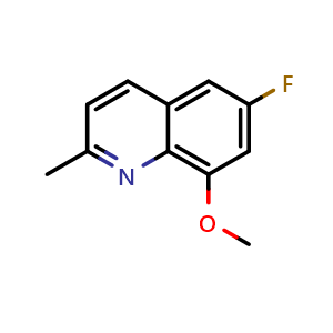 Chemical structure of 6-fluoro-8-methoxy-2-methylquinoline , CAS 1412256-43-9, AChemBlock T90847