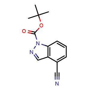 Chemical structure of tert-butyl 4-cyano-1H-indazole-1-carboxylate , CAS 1312008-77-7, AChemBlock T90862