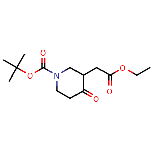 Chemical structure of tert-butyl 3-(2-ethoxy-2-oxo-ethyl)-4-oxo-piperidine-1-carboxylate , CAS 1823266-99-4, AChemBlock T90932