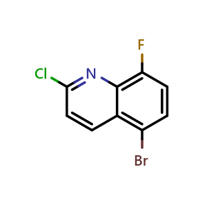 Chemical structure of 5-bromo-2-chloro-8-fluoroquinoline , CAS 1215767-73-9, AChemBlock T90957
