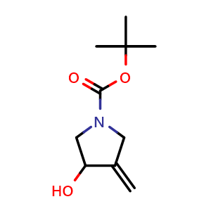 Chemical structure of tert-butyl 3-hydroxy-4-methylene-pyrrolidine-1-carboxylate , CAS 390381-86-9, AChemBlock T90964