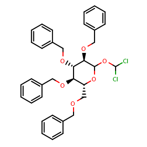 Chemical structure of 2,3,4,6-Tetra-O-benzyl-1-C-dichloromethyl-D-glucopyranose , CAS 140658-50-0, AChemBlock T90979