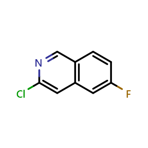 Chemical structure of 3-chloro-6-fluoroisoquinoline , CAS 1041423-28-2, AChemBlock T90992